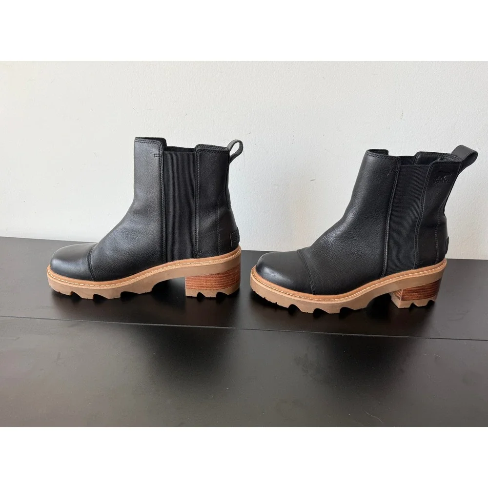 Sorel Joan Now Chelsea Boots Womens 11 Black Leather Lug Sole Block Heel